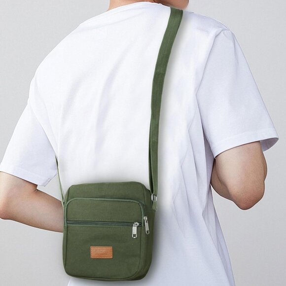 Luxury Canvas Messenger Bag for Men - 3-Zipper Crossbody Satchel, Military Green - Picture 8 of 8